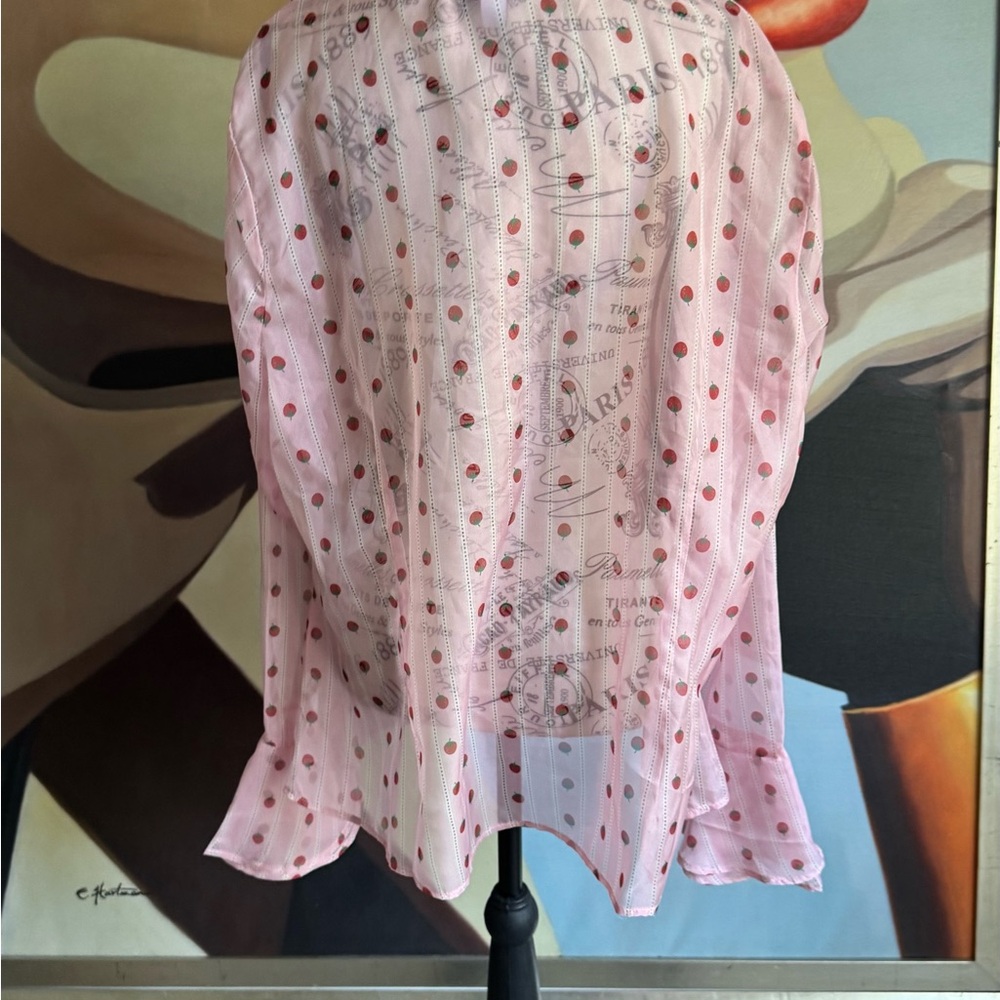 Smak Parlour Curve Pink Strawberries Stripe sheer Ruffle Blouse 2XL - Picture 5 of 7